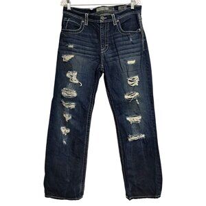 BKE Tyler Straight ABMZ306 Destroyed Dark Wash Jeans White Stitch 32R Buckle Y2K